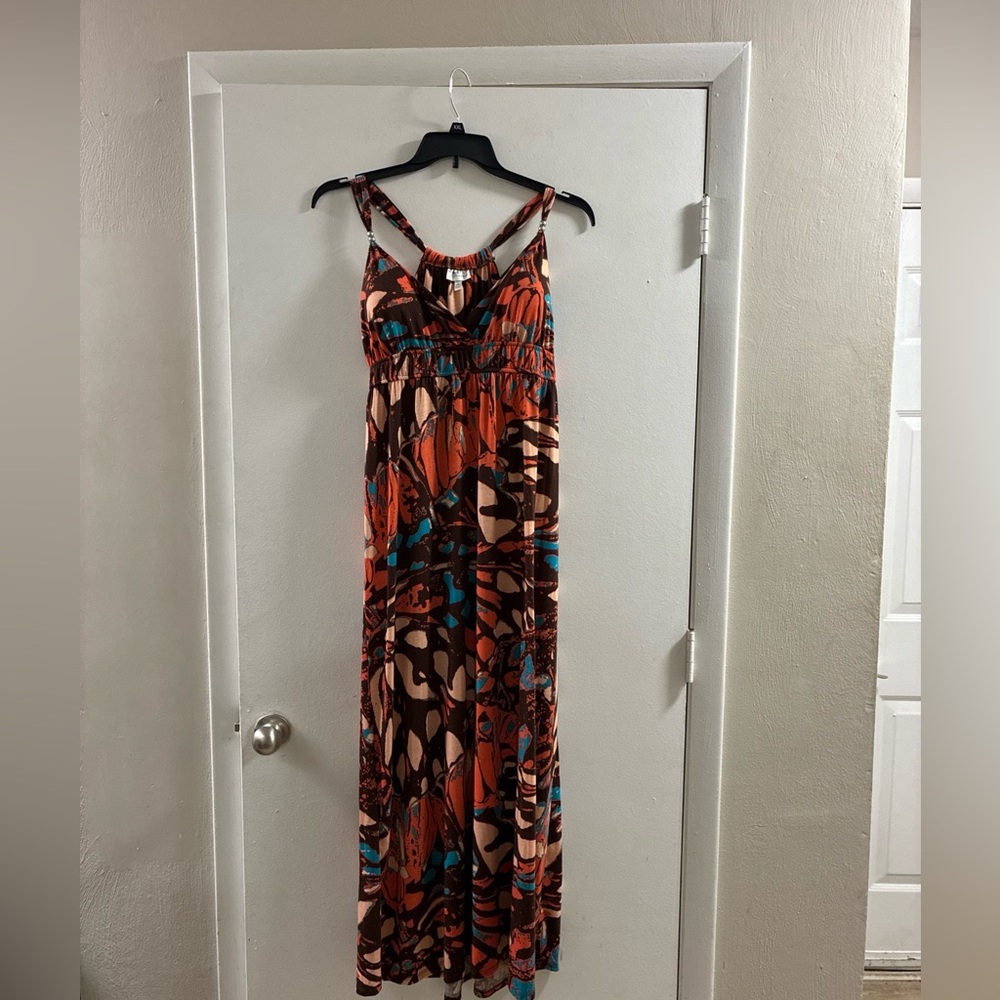 Allison Brittney Brown, Orange & Teal Abstract Print Maxi Dress